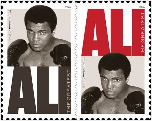 El sello conmemorativo muestra una foto de la leyenda del boxeo tomada por The Associated Press en 1974