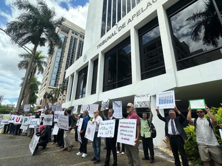 El grupo se manifestó frente a las oficinas de la Junta de Supervisión Fiscal mostrando gráficas de los dramáticos recortes presupuestarios a la institución