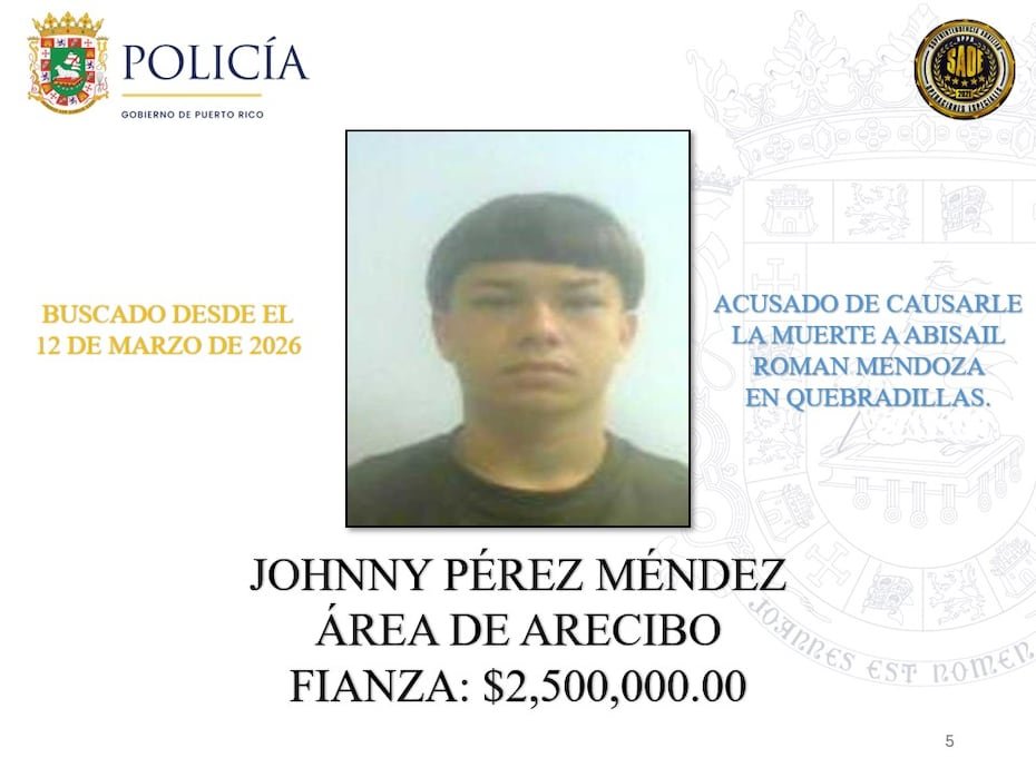Johnny Pérez Méndez: imputado de causar la muerte de Abisail Román Mendoza en Quebradillas. Tiene una fianza de $2,500,000 y es buscado desde el 12 de marzo de 2026.