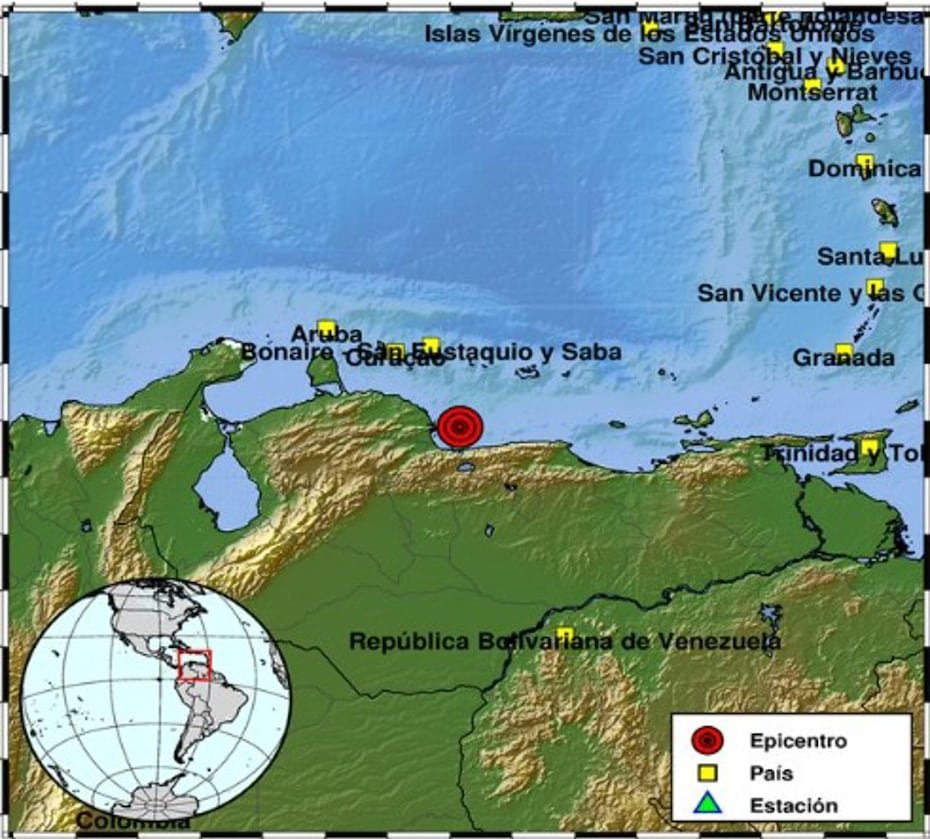 Imagen difundida en la cuenta en X @sgcol del Servicio Geológico Colombiano donde se ve el epicentro de un terremoto de magnitud 7,1 registrado este jueves en el noroeste de Montalbán, en el centro de Venezuela.