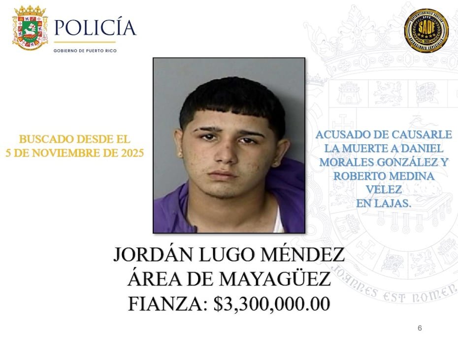 Jordan Lugo Méndez: imputado de causar la muerte de Daniel Morales González y Roberto Medina Vélez en Lajas. Tiene una fianza de $3,300,000 y es buscado desde el 5 de noviembre de 2025.