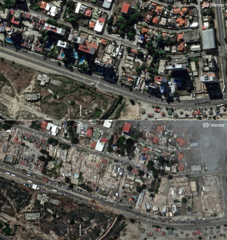 Esta combinación de imágenes, creada el 26 de junio de 2026, muestra una imagen satelital distribuida el 28 de diciembre de 2025 y publicada el 26 de junio de 2026 por Vantor, que muestra una vista general de los edificios en Caraballeda, estado de La Guaira, Venezuela, antes de los dos terremotos (arriba), y una imagen satelital distribuida el 26 de junio de 2026 por Vantor, que muestra una vista general de los edificios, incluyendo algunas estructuras colapsadas, en Caraballeda, estado de La Guaira, Venezuela, después de los dos terremotos. (Fotografía de Handout / Imagen satelital ©2026 Vantor / AFP)