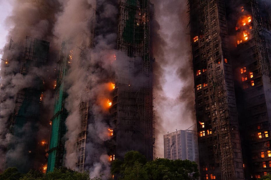 Un video de la escena mostraba al menos cinco edificios cercanos en llamas y fuego saliendo de muchas de las ventanas de los apartamentos mientras caía la noche.