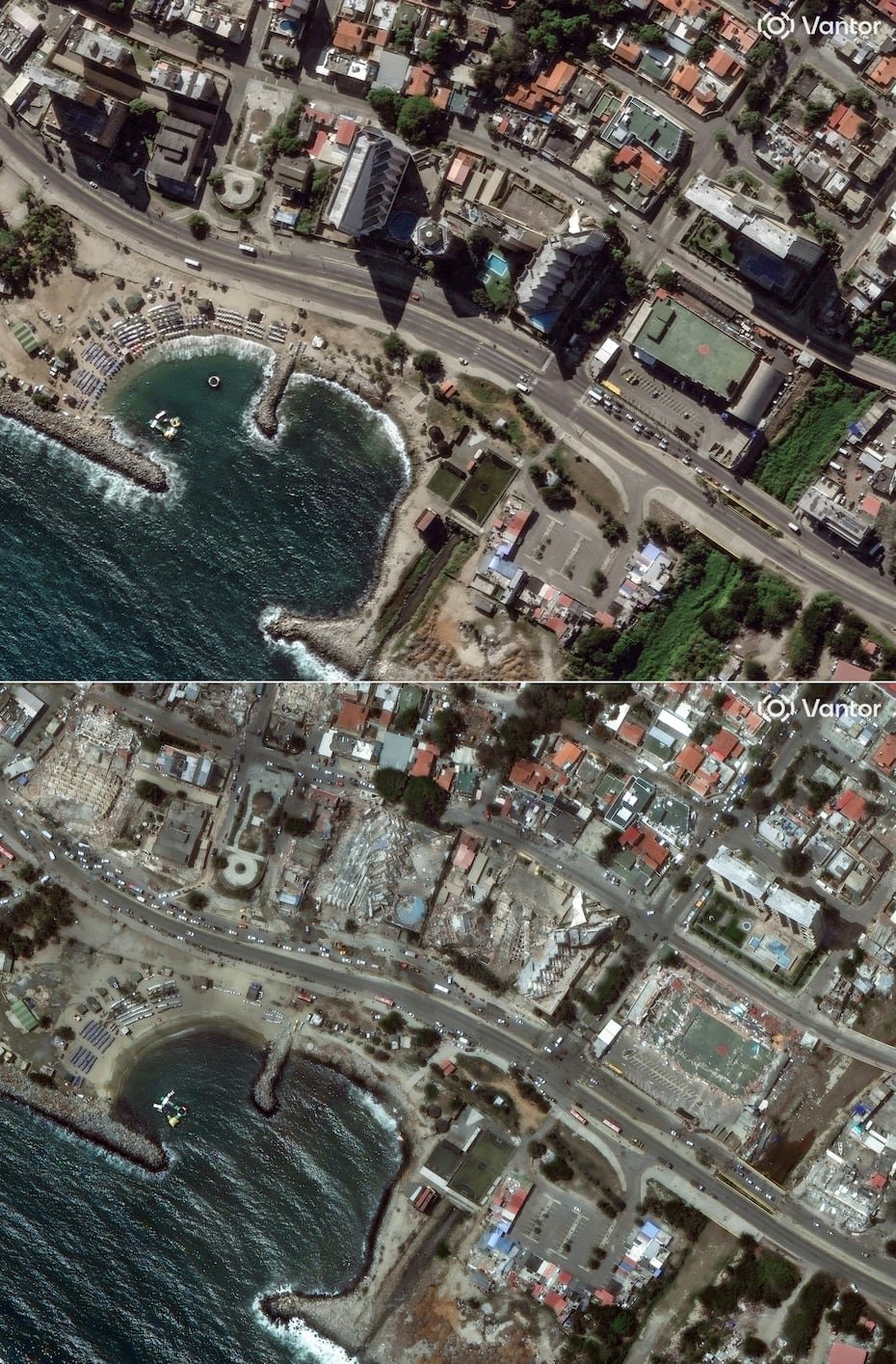 Esta combinación de imágenes, creada el 26 de junio de 2026, muestra una imagen satelital distribuida el 28 de diciembre de 2025 y publicada el 26 de junio de 2026 por Vantor, que muestra una vista general de los edificios en Caraballeda, estado de La Guaira, Venezuela, antes de los dos terremotos (arriba), y una imagen satelital distribuida el 26 de junio de 2026 por Vantor, que muestra una vista general de los edificios, incluyendo algunas estructuras colapsadas, en Caraballeda, estado de La Guaira, Venezuela, después de los dos terremotos. (Fotografía de Handout / Imagen satelital ©2026 Vantor /AFP)