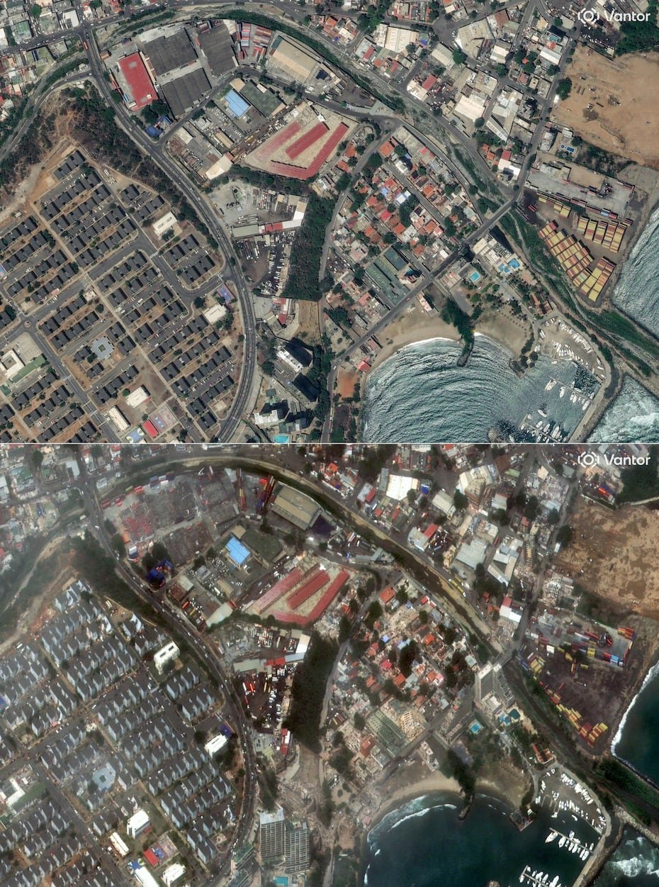 Esta combinación de imágenes, creada el 26 de junio de 2026, muestra una imagen satelital distribuida el 28 de diciembre de 2025 y publicada el 26 de junio de 2026 por Vantor, que muestra una vista general de los edificios en Caraballeda, estado de La Guaira, Venezuela, antes de los dos terremotos (arriba), y una imagen satelital distribuida el 26 de junio de 2026 por Vantor, que muestra una vista general de los edificios, incluyendo algunas estructuras colapsadas, en Caraballeda, estado de La Guaira, Venezuela, después de los dos terremotos. (Fotografía de Handout / Imagen satelital ©2026 Vantor /AFP)