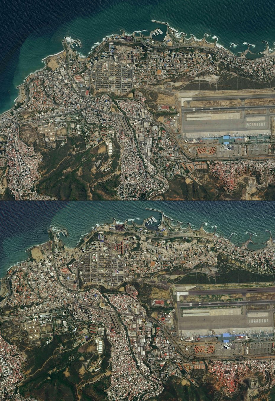 Esta combinación de imágenes, creada el 27 de junio de 2026, muestra una imagen satelital distribuida el 27 de febrero de 2026 y publicada el 27 de junio de 2026 por Planet Labs PBC, que muestra Catia La Mar, en La Guaira, Venezuela (arriba), y una imagen satelital distribuida el 26 de junio de 2026 por Planet Labs PBC, que muestra Catia La Mar, en La Guaira, Venezuela, tras los dos terremotos que azotaron el país. (Foto de 2026 Planet Labs PBC /AFP)
