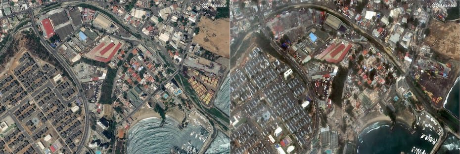 Esta combinación de imágenes, creada el 26 de junio de 2026, muestra una imagen satelital distribuida el 28 de diciembre de 2025 y publicada el 26 de junio de 2026 por Vantor, que muestra una vista general de los edificios en Caraballeda, estado de La Guaira, Venezuela, antes de los dos terremotos (arriba), y una imagen satelital distribuida el 26 de junio de 2026 por Vantor, que muestra una vista general de los edificios, incluyendo algunas estructuras colapsadas, en Caraballeda, estado de La Guaira, Venezuela, después de los dos terremotos. (Fotografía de Handout / Imagen satelital ©2026 Vantor/AFP)