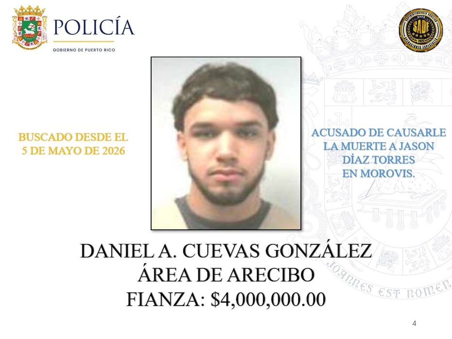 Daniel A. Cuevas González: imputado de causar la muerte de Jason Díaz Torres en Morovis. Tiene una fianza de $4,000,000 y es buscado desde el 5 de mayo de 2026.