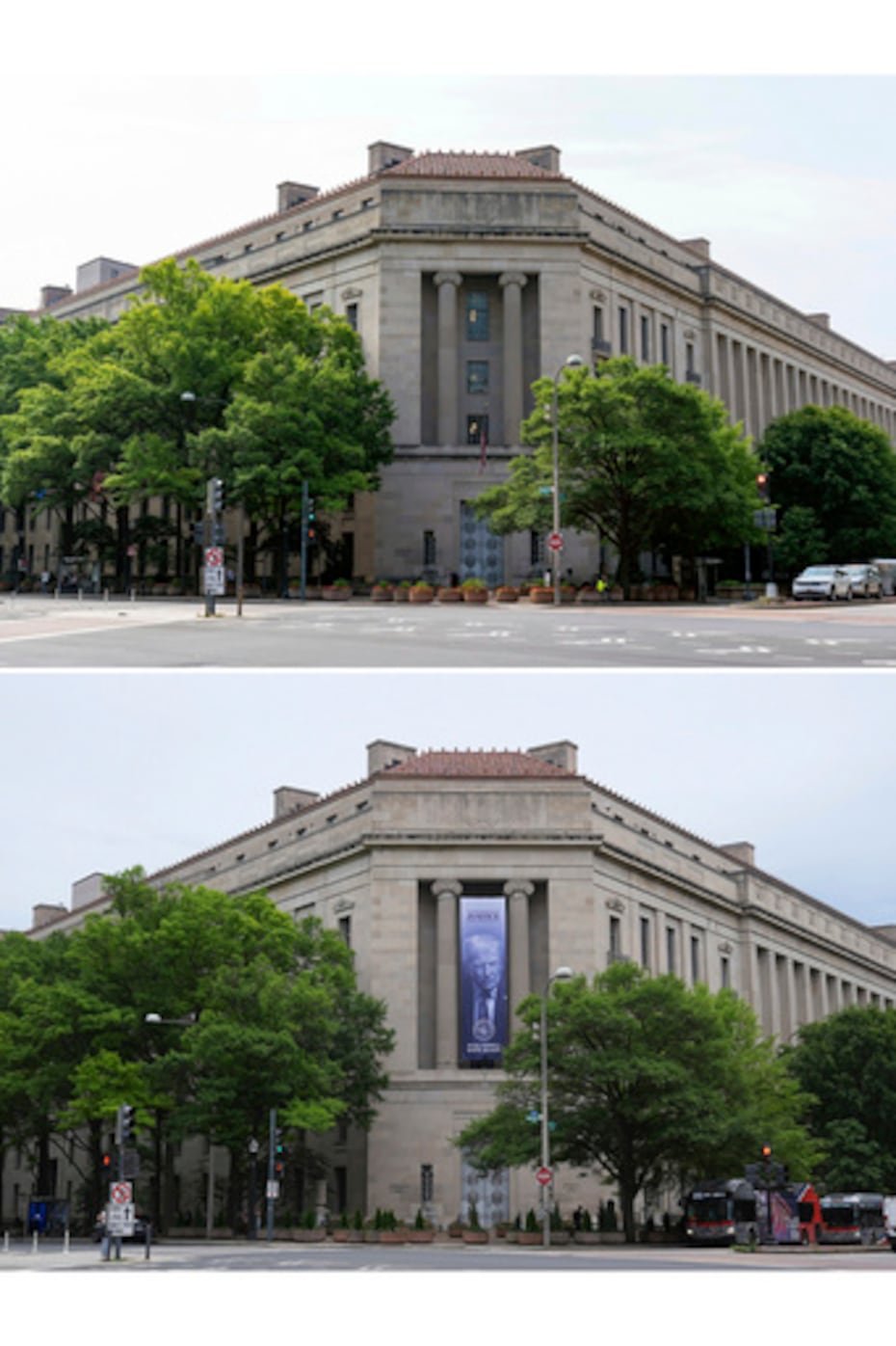 Esta combinación de fotografías muestra el edificio del Departamento de Justicia Robert F. Kennedy, el 9 de junio de 2023 (arriba), y una pancarta con la imagen del presidente Donald Trump colgada en el edificio (debajo), el 27 de mayo de 2026.