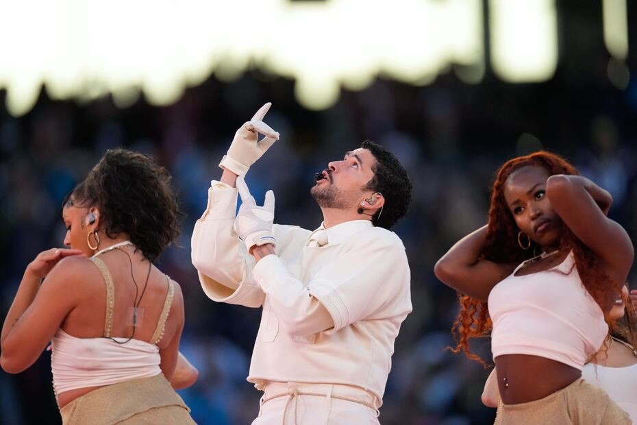 Bad Bunny performs during halftime of the NFL Super Bowl 60 football game between the New England Patriots and the Seattle Seahawks, Sunday, Feb. 8, 2026, in Santa Clara, Calif. (AP Photo/Mark J. Terrill)