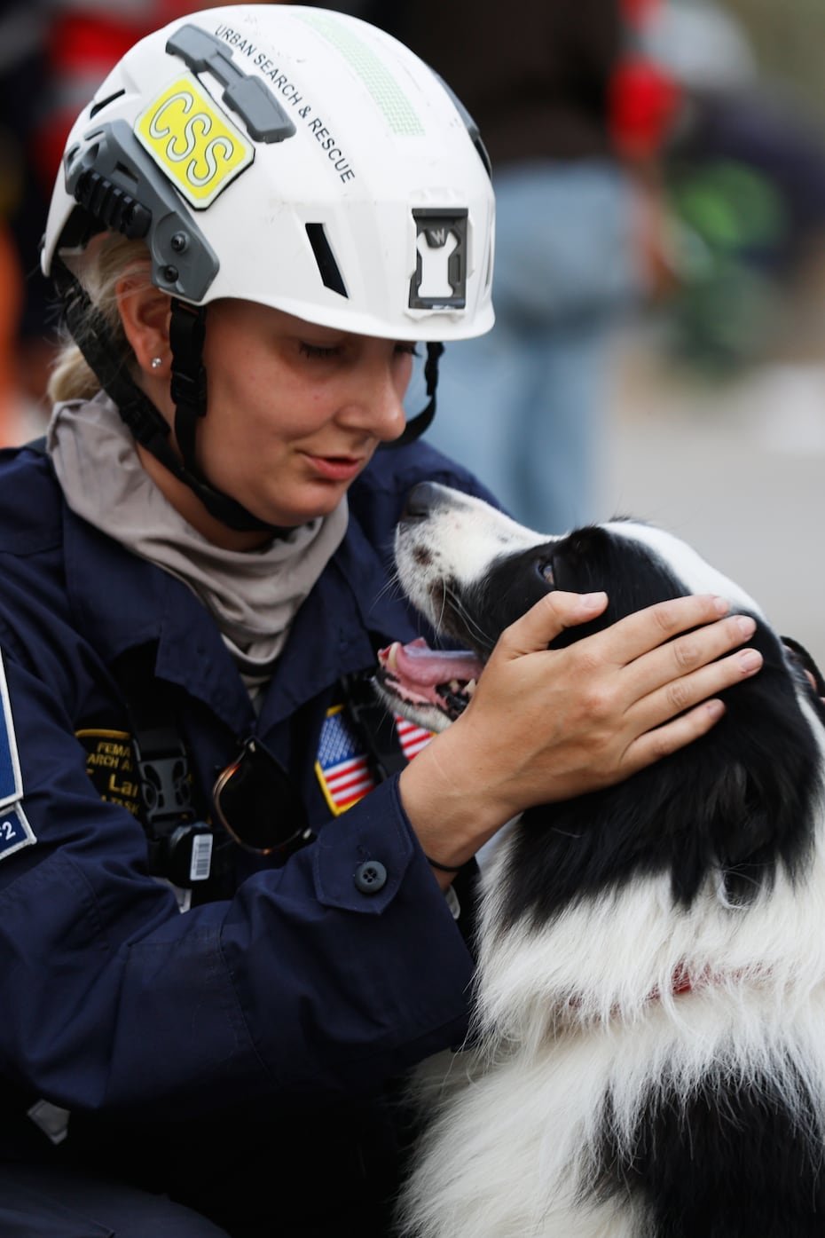 Una rescatista de Estados Unidos y su perro de raza border collie trabajan en Caracas. Ante el derrumbe de edificaciones y el riesgo latente de más colapsos, los binomios caninos —la dupla perro-guía— operaron como instrumento de decisión para determinar las áreas en las que se debe buscar.