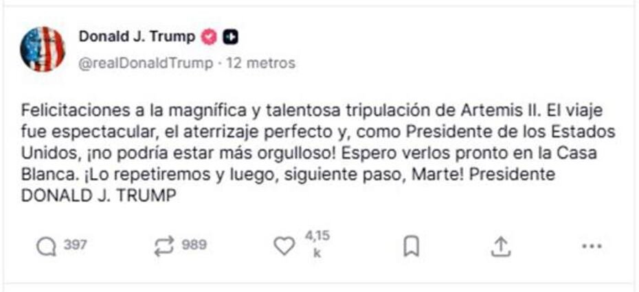 El presidente Donald Trump felicitó a la tripulación de la misión Artemis II y aseguró que el próximo paso es la conquista de Marte.