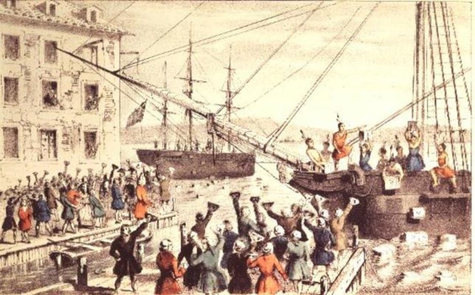La manifestación, conocida en los libros de historia como el "Boston Tea Party", estuvo encabezada por los llamados Boston Boys y los Hijos de la Libertad y fue el preludio a la fundación de Estados Unidos de América. Arriba una ilustración de The Boston Tea Party, 1846; por Currier, N. (1813-88) e Ives, J.M. (1824-95); Yale University Art Gallery, New Haven, CT, USA; American, libre de derechos.