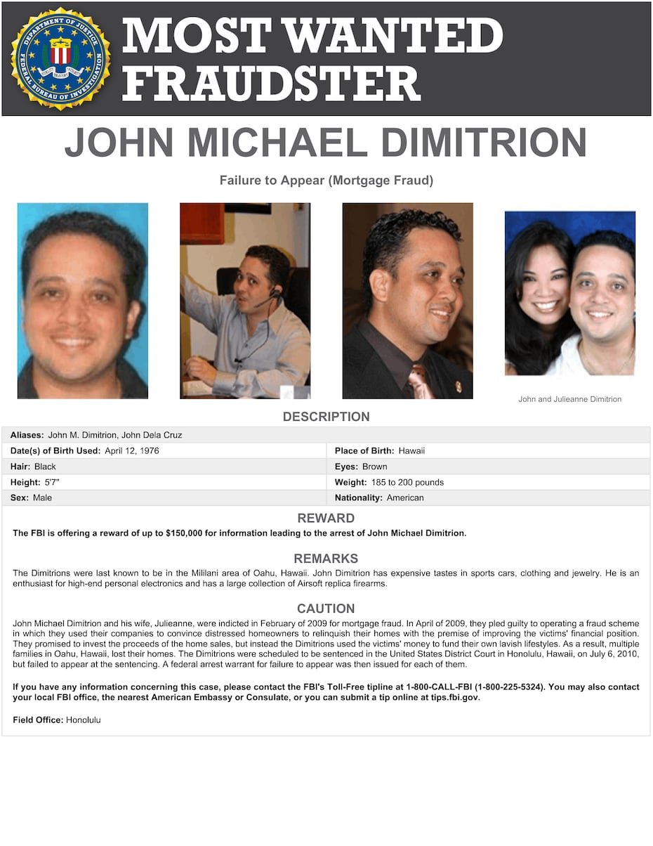 John Michael Dimitrion y su esposa, Julieanne, se declararon culpables, en abril de 2009, de operar un esquema fraudulento en el que utilizaban sus empresas para convencer a propietarios en dificultades financieras de que entregaran sus viviendas, bajo la promesa de mejorar su situación económica.