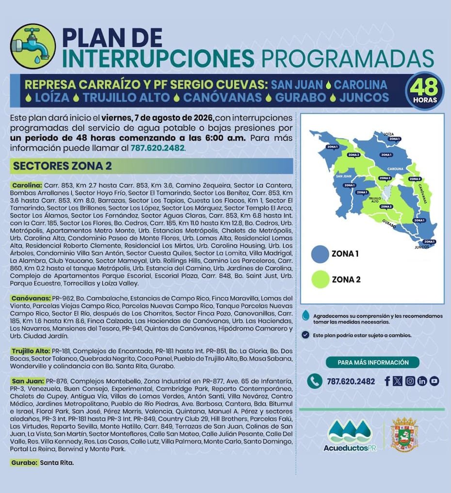 Luego de 48 horas, el servicio se restablecerá para la Zona 2, mientras que la Zona 1 no tendrá agua potable por 48 horas.