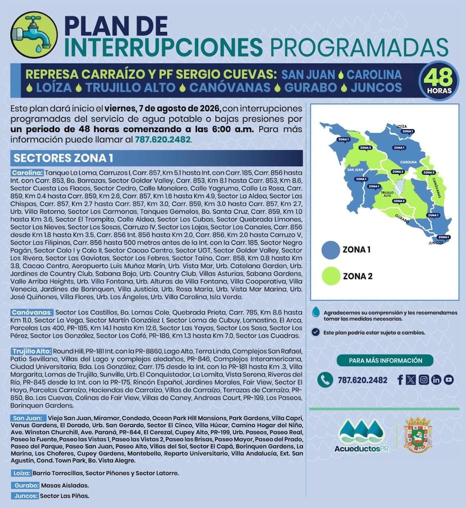 Para el viernes, la Zona 1 tendrá servicio de agua potable, mientras que la Zona 2 no tendrá servicio por un periodo de 48 horas.