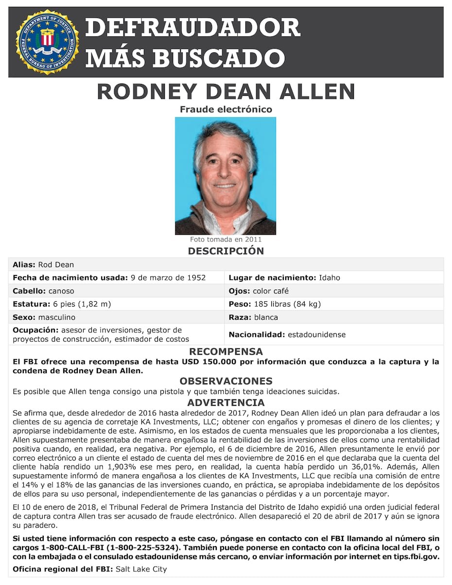 Entre 2016 y 2017, Rodney Dean Allen supuestamente ideó un esquema para defraudar a clientes de su firma de corretaje KA Investments, LLC, obtener su dinero mediante engaños y promesas falsas, y apropiarse indebidamente de esos fondos.