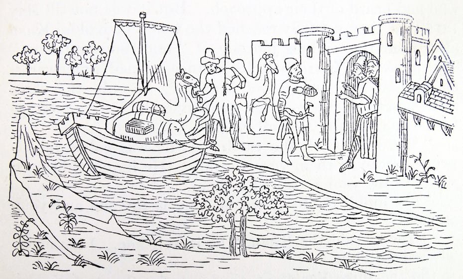 El reinado de Ormuz, que data de los siglos 10 al 17, y la importancia de su puerto aparece en las narrativas del comerciante y navegante Marco Polo. En la ilustración, se describe la llegada del explorador veneciano en el manuscrito Livre des Merveilles. (Photo by Ann Ronan Picture Library / Photo12 via AFP)