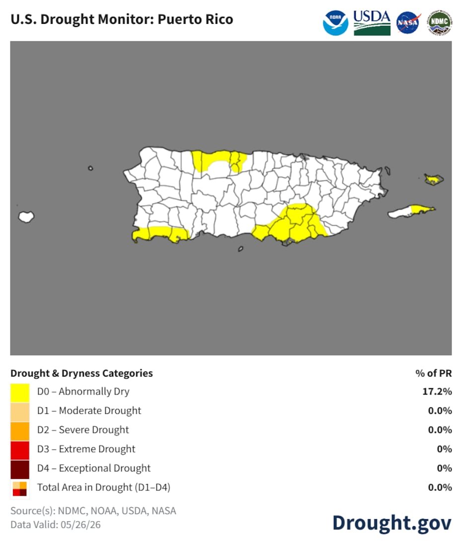 El Monitor de Sequía de Estados Unidos muestras los sectores que se encuentran bajo condiciones atípicamente secas (amarillo), sequía moderada (anaranjado claro), sequía severa (anaranjado), entre otras clasificaciones.